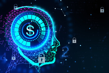 Creative glowing digital head with dollar hologram.