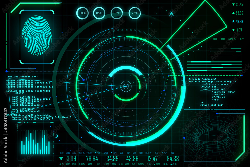 Poster glowing digital business and security interface.