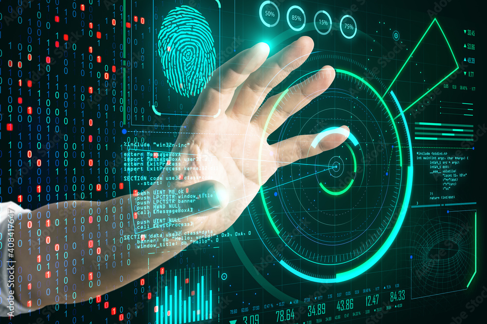 Poster Hand using glowing digital communication and security interface