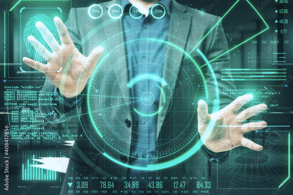 Poster businessman using digital security interface on virtual screen.
