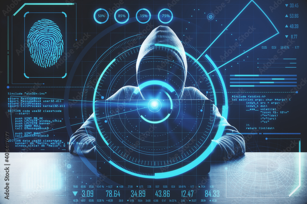 Aufkleber Hacker using laptop with abstract glowing finger print interface