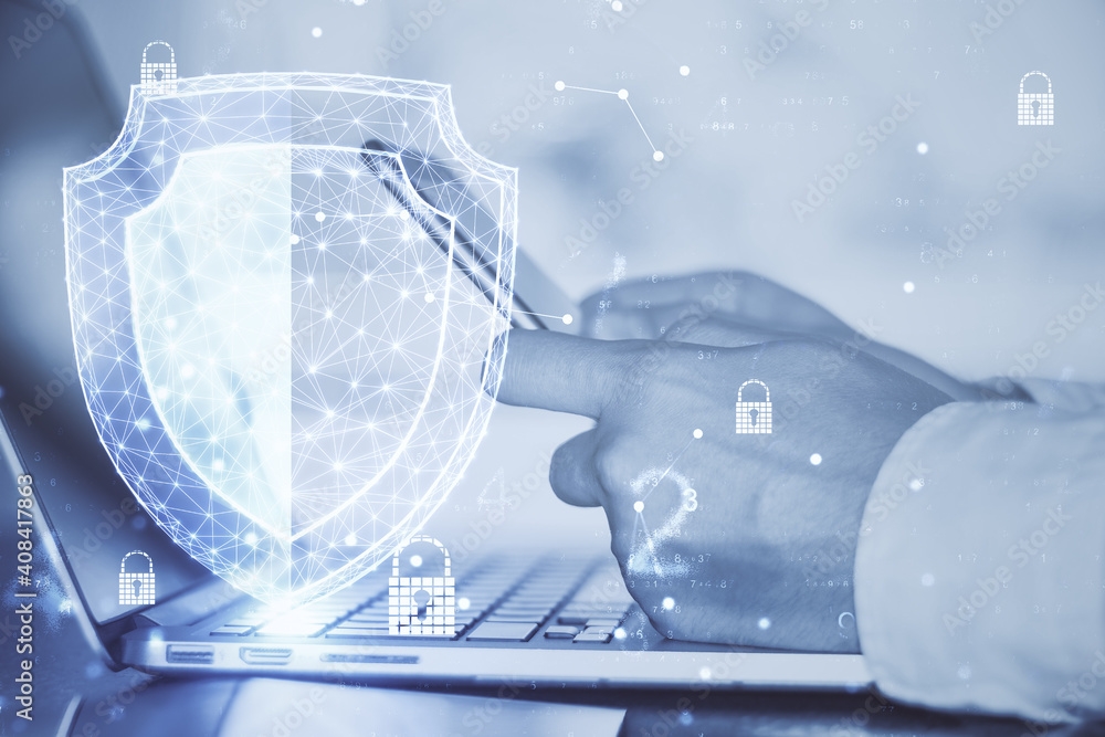 Poster Hands using smartphone with antivirus shield interface.