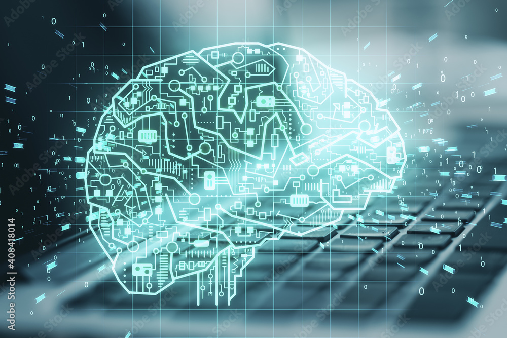 Poster Laptop computer with glowing circuit brain