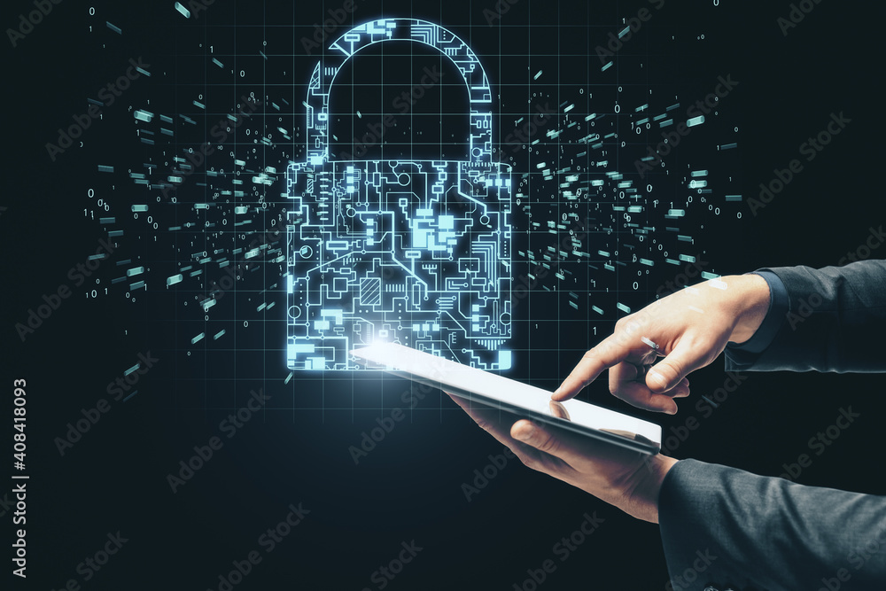 Poster businessman using circuit closed lock interface