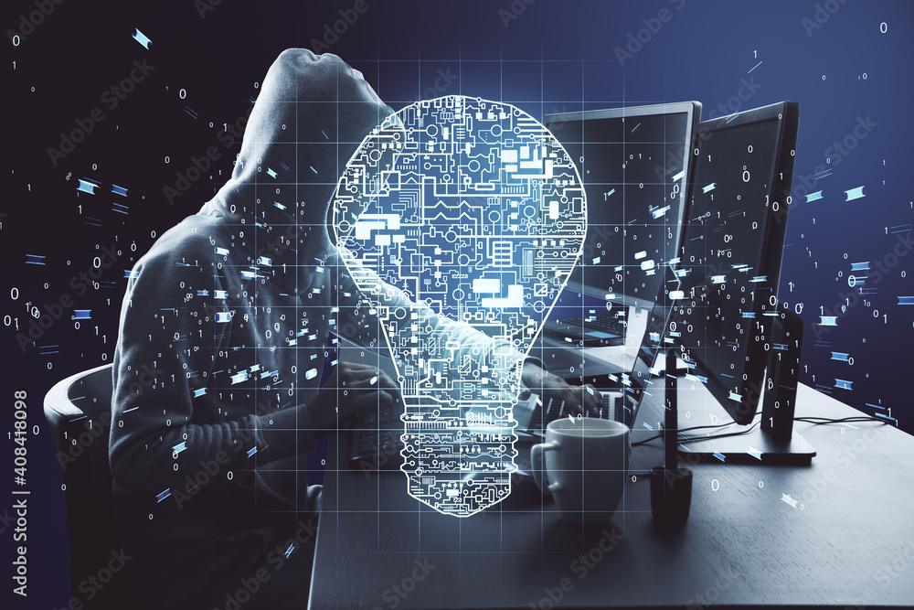 Poster Hacker using computer in office with circuit lamp.