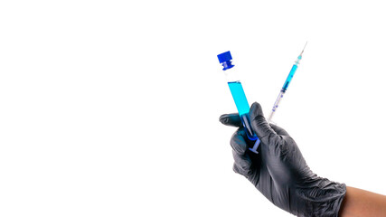 Injection. Doctor hand in medical glove hold syringe with needle for protection flu virus and...