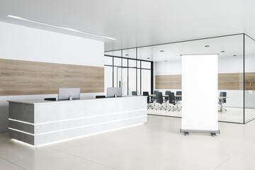 Fototapeta na wymiar Luxury conference room with reception desk and blank vertical banner.