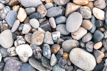 Pebbles on the coast. Natural background for your projects. Travel concept.