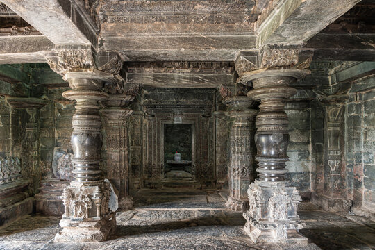 Lakkundi, Karnataka, India - November 6, 2013: Kasivisvesvara Temple. Looking through manadapam hall to inner sanctum with Shivalingam.