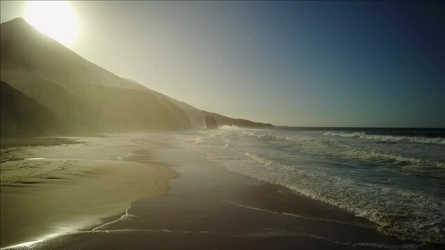 Empty beach aerial drone shot. Roque del Moro, Cofete, Fuerteventura