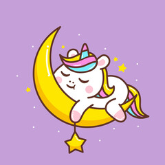 Fototapeta premium cute little unicorn sleeping in the moon