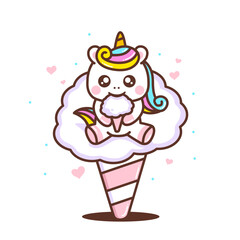 cute little unicorn sitting while eating cotton candy