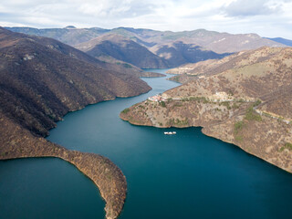 Obraz premium Aerial view of Vacha Reservoir, Rhodope Mountains, Bulgaria