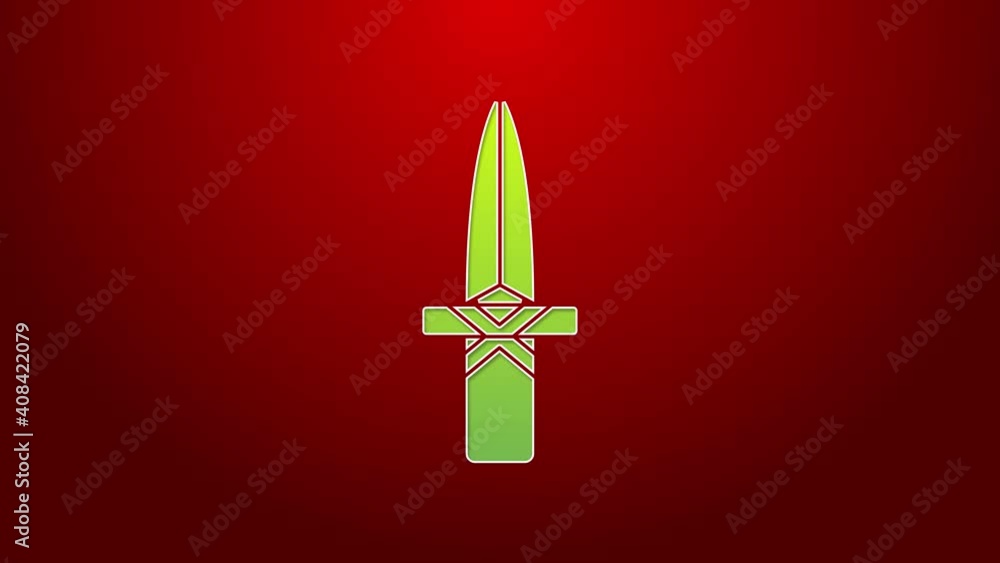 Poster green line dagger icon isolated on red background. knife icon. sword with sharp blade. 4k video moti