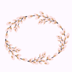 Obraz premium Willow wreath. Oval frame made of willow twigs. Easter wreath made of willow stalks.Vector flat illustration. Design for invitations, postcards, printing.