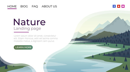 Landing page screen, nature landscape template cover. website background. Vector