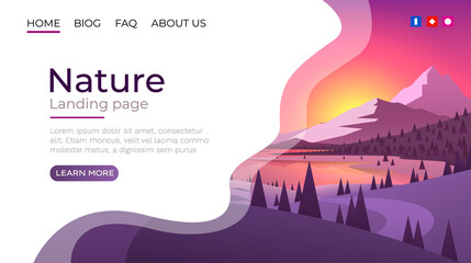Landing page screen, nature landscape template cover. website background. Vector
