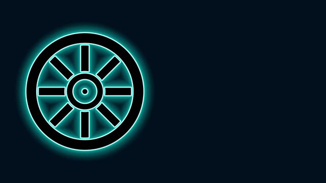 Glowing neon line Old wooden wheel icon isolated on black background. 4K Video motion graphic animation