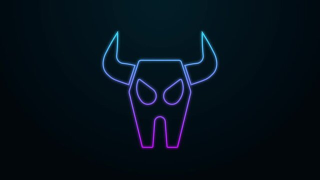 Glowing neon line Buffalo skull icon isolated on black background. 4K Video motion graphic animation