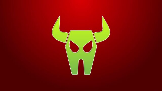 Green line Buffalo skull icon isolated on red background. 4K Video motion graphic animation