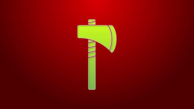 Green line Native american tomahawk axe icon isolated on red background. 4K Video motion graphic animation