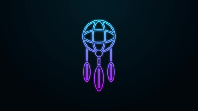 Glowing neon line Dream catcher with feathers icon isolated on black background. 4K Video motion graphic animation