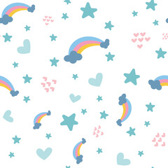 Seamless pattern with rainbows, love, and star. Creative kids style texture for fabric, wrapping, textile, wallpaper, apparel. Surface pattern design.