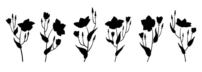 Collection of hand drawn floral silhouettes. Set of magnolia flowers isolated on white background. Vector botanical illustration for textile, wrapping paper, wallpapers, greeting cards.