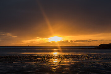 beautiful sunset in Icelandic countryside landscape of Hornafjordur
