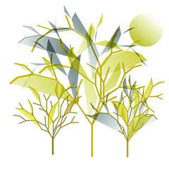Fototapeta premium Abstract metallic trees, some bare, some with gradient foliage, on a white background
