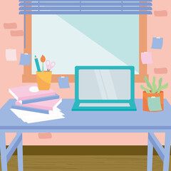 workplace with desk laptop notebooks and lamp vector design