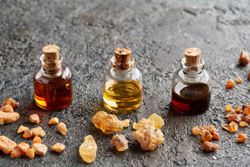 Benzoin, frankincense and myrrh essential oils and resin