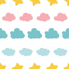 Cute colorful clouds and star seamless pattern background graphic. Creative kids style texture for fabric, wrapping, 
textile, wallpaper, apparel. Surface pattern design.