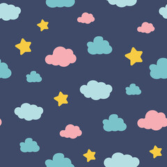 Cute colorful clouds and star seamless pattern background graphic. Creative kids style texture for fabric, wrapping, 
textile, wallpaper, apparel. Surface pattern design.