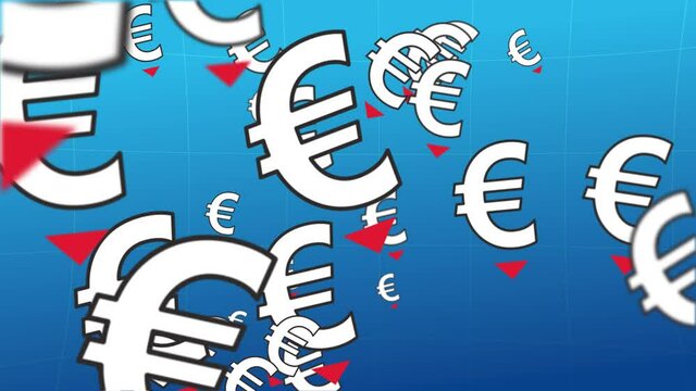Falling euro rate. Looped animation.  A cloud of euro symbols spins across the camera's field of view. There is a red arrow below the symbol. The situation is the fall of the euro exchange rate.