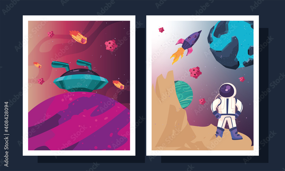 Poster space ufo and astronaut in frames vector design