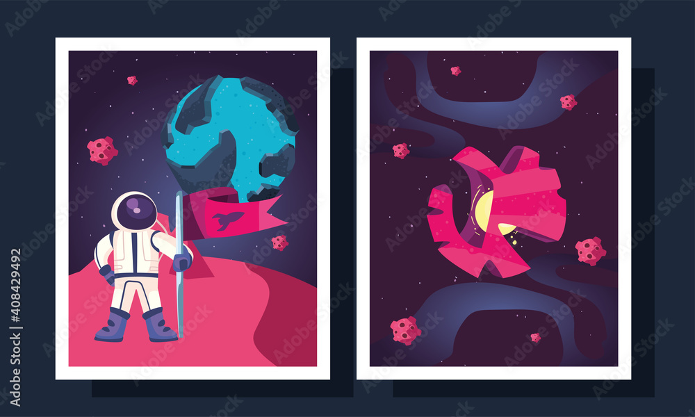 Poster space astronaut and planet in frames vector design