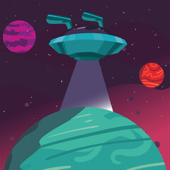 Space ufo and green planet vector design