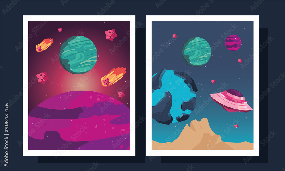Poster space planets and ufo in frames vector design