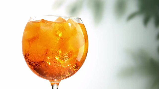 glass of aperol spritz cocktail with ice turning on defocused leaves background zoom in