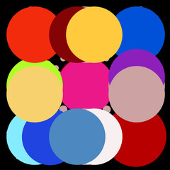 Black background with colourful circles.