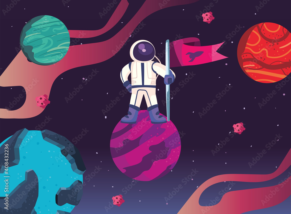 Poster space astronaut with flag on planet vector design