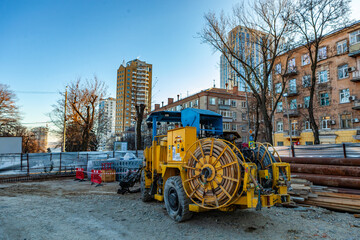 Metro construction in the city. Blasting work in the subway. Descent into the ground.