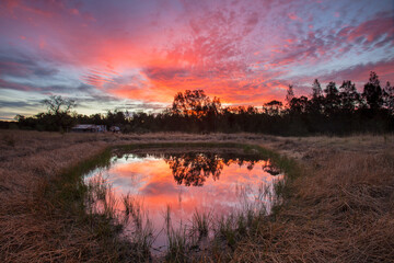 Beautiful sunset over Teds Hut and dam .Sedgefield near Singleton. Hunter Valley of  N.S.W. Australia.