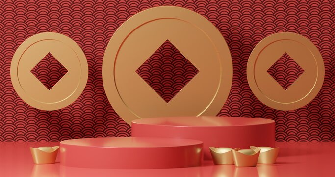 Chinese new year, 3D rendering of a Mock up podium for product presentation, abstract minimal concept, Showcase, geometric background, Product Presentation