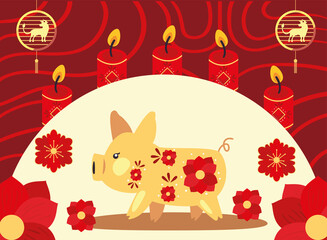 Chinese new year 2021 pig with red flowers and candles vector design
