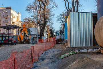 Naklejka premium Metro construction in the city. Blasting work in the subway. Descent into the ground.