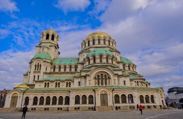 Gorgeous architecture of Alexander Nevsky Orthodox cathedral with blue sky background. Bulgaria. Sofia. 06.01.2021.