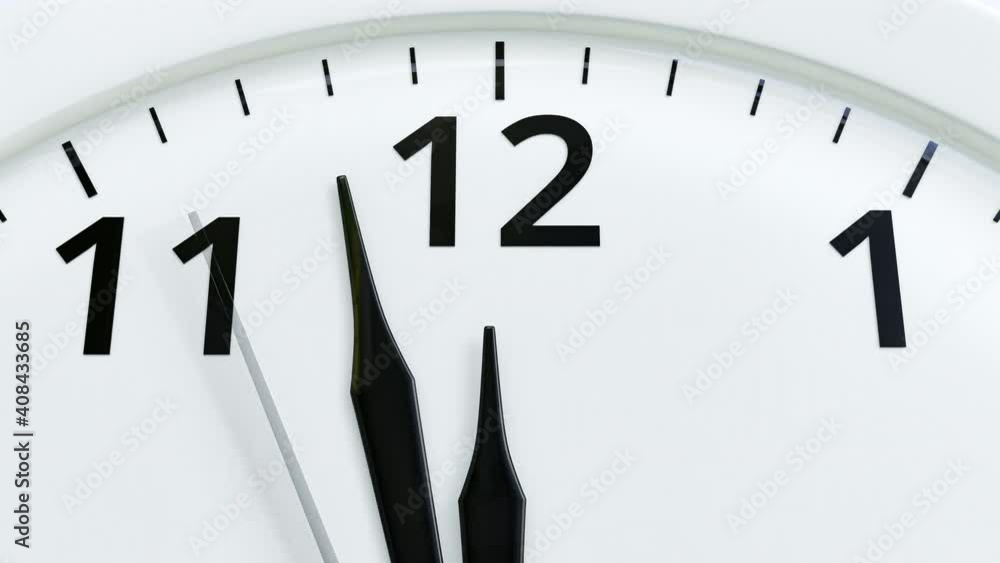 Poster clock close-up white color. almost noon time. real time animation, 3d render.