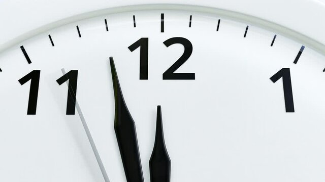 Clock close-up white color. Almost noon time. Real time  animation, 3D render.